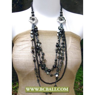 Beads Fancy Design Long Braided Black Necklace Flower Chain